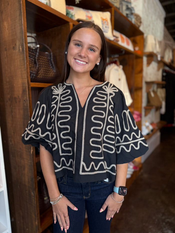Black Puff Sleeve Embroidery Top