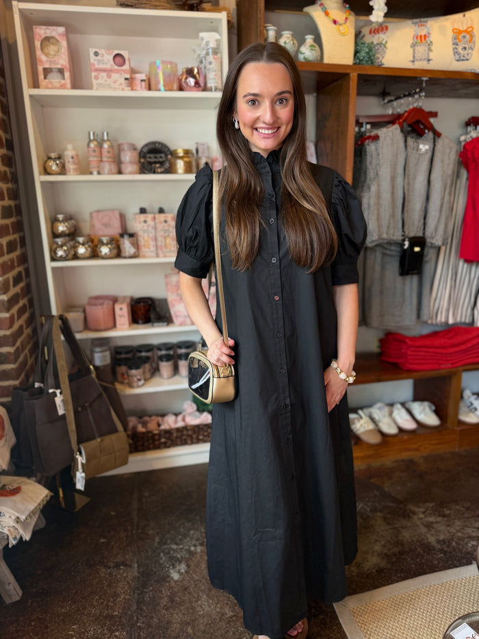 Black Solid Poplin Ruffle Neck Maxi Shirt Dress
