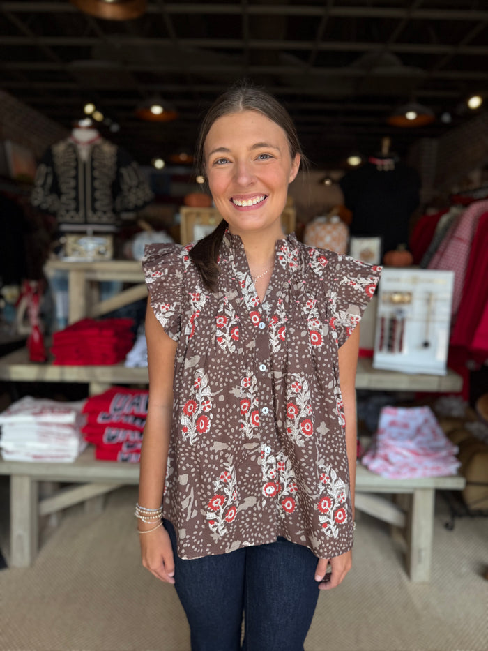 Brown Floral Smocking Top