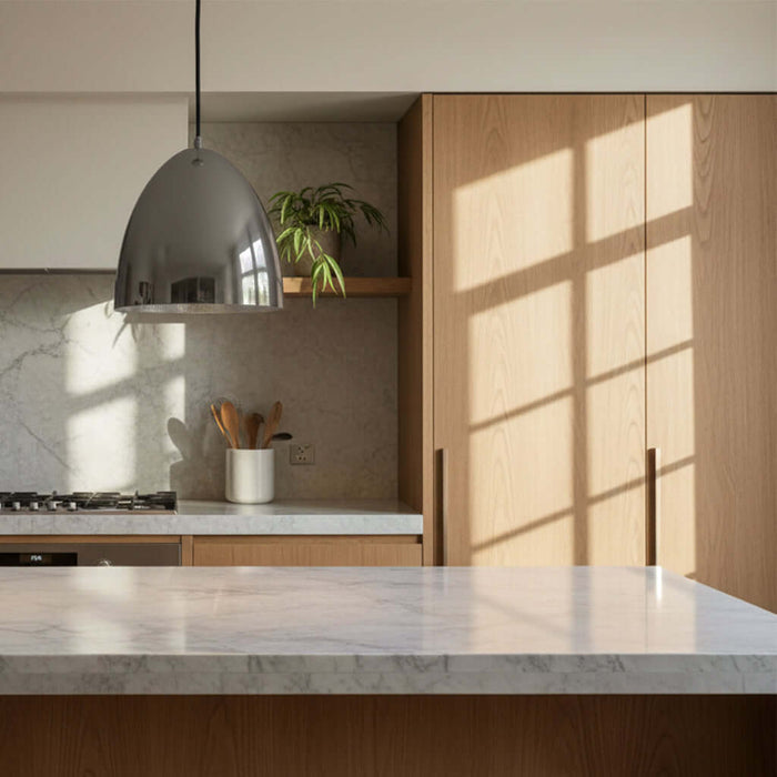 Modern kitchen with marble countertop, wooden cabinets, and silver nickel pendant light.