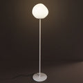 A modern floor lamp featuring a large, organic-shaped frosted white glass globe shade on a slim white metal stand, set against a dark background.