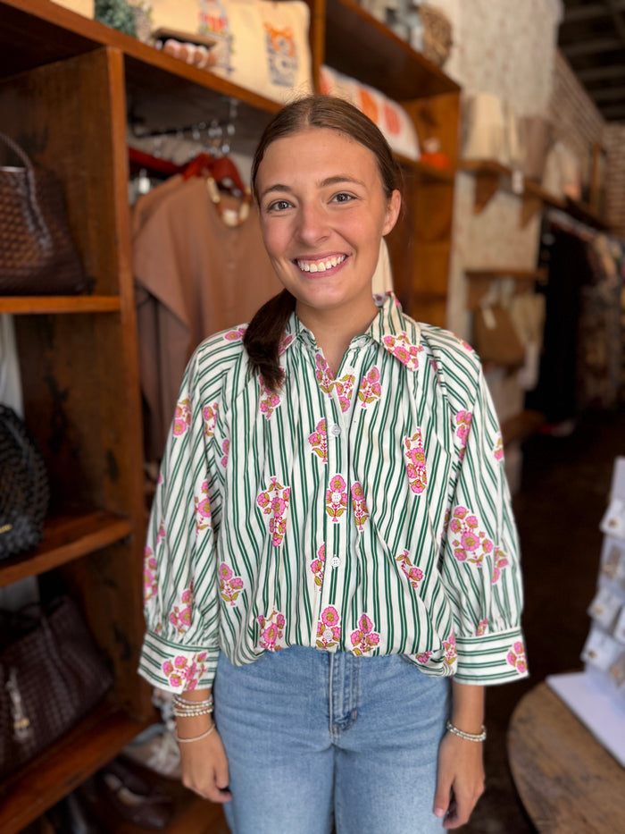 Dark Green Stripe Floral Bubble Top