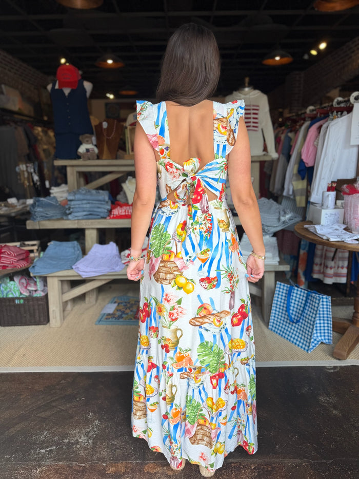 FINAL SALE - Picnic & Tropical Fruit Tie-Back Maxi Dress
