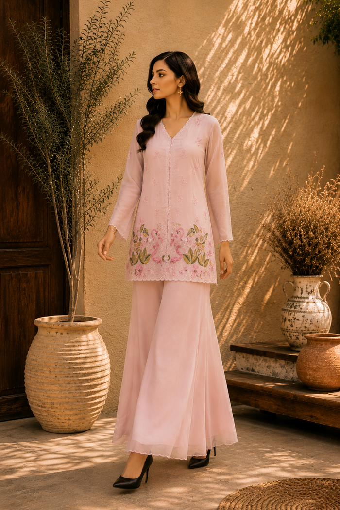 Flamingo Embroidered Sharara Set