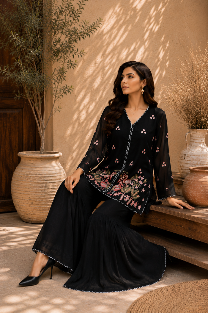 Flamingo Embroidered Sharara Set