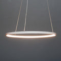 Modern pendant light with a white circular shade on a dark gray background