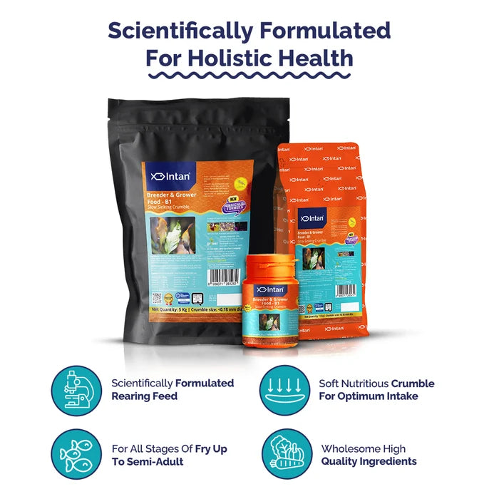 Intan Breeder & Grower B1 Fish Food packaging with products and Benefits