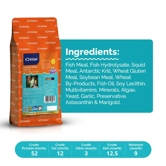 Intan Breeder & Grower B1 Fish Food packaging with products and Benefits