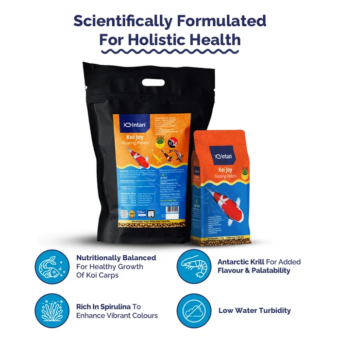 Intan Koi Joy Pellets Fish Food packaging with products and Benefits