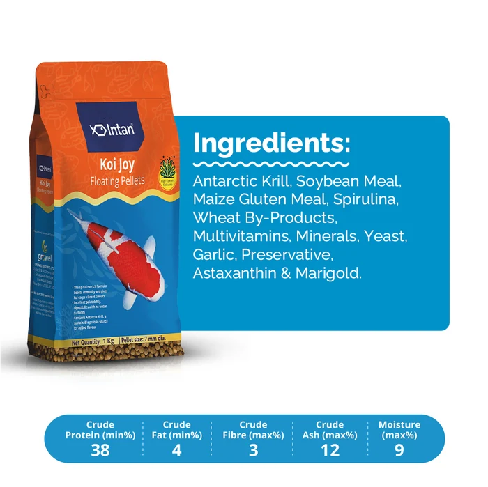 Intan Koi Joy Pellets packaging with ingredients and guaranteed analysis