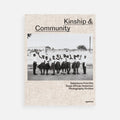 Book cover titled 'Kinship & Community' with a black and white photo of people holding hands on a beige background.