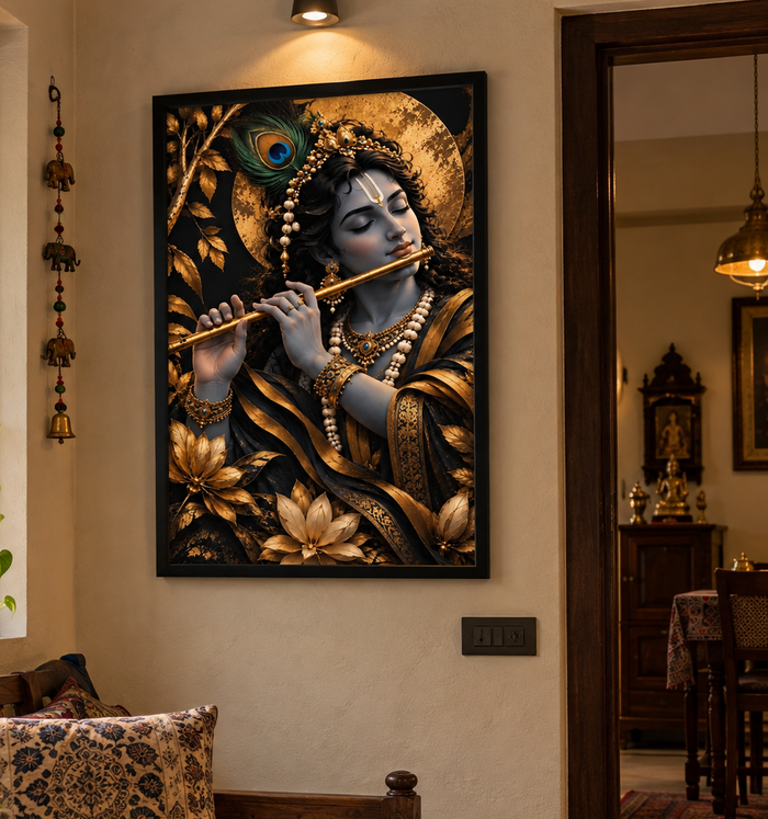Lord Krishna Wall Art Poster | Black & Gold Krishna Art | Spiritual Home Decor