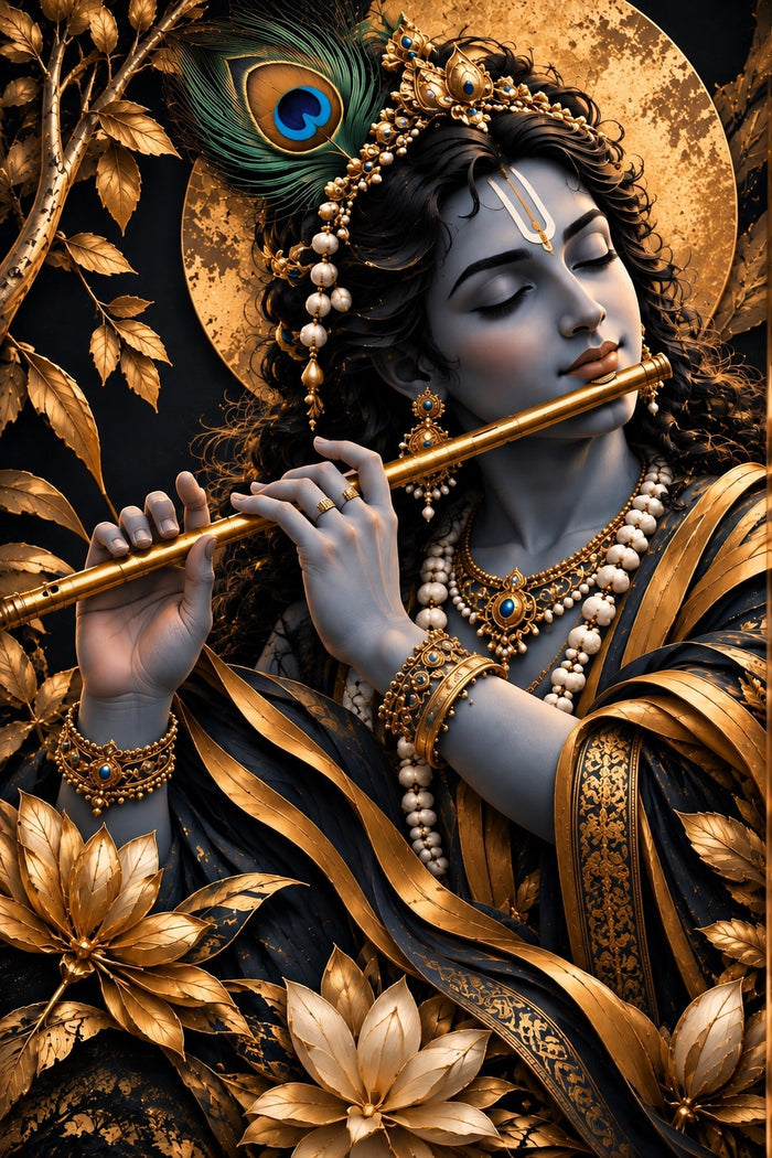 Lord Krishna Wall Art Poster | Black & Gold Krishna Art | Spiritual Home Decor