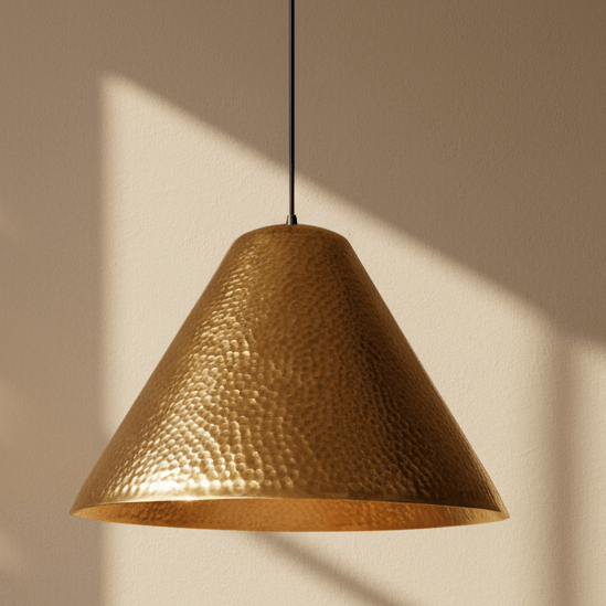 Hand beaten gold tapering pendant light