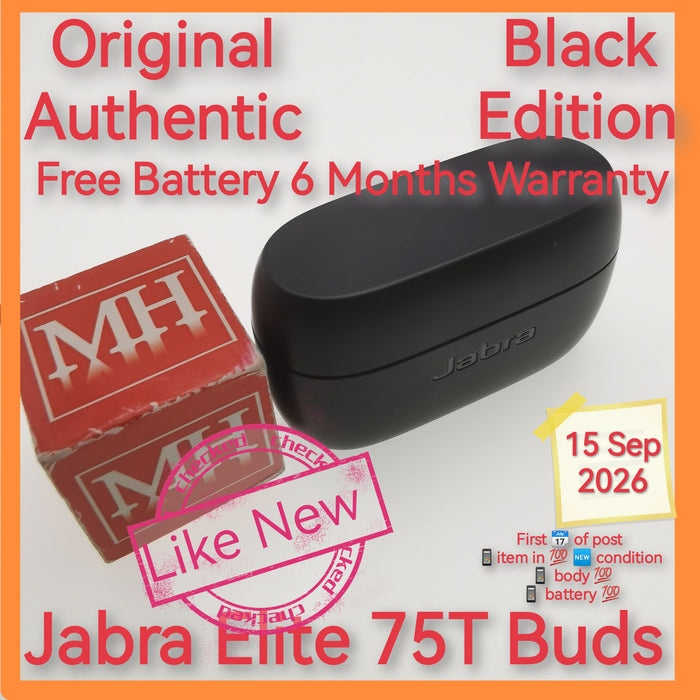 Original Authentic Jabra Elite 75T Buds black with 6 months battery warranty set