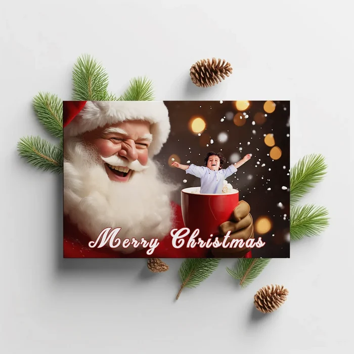 Personalized Christmas card with photo of Santa's Mug