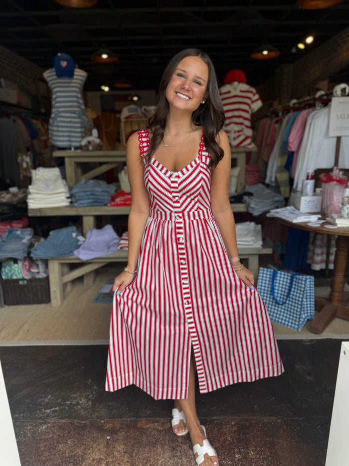 Red & White Striped Midi Dress
