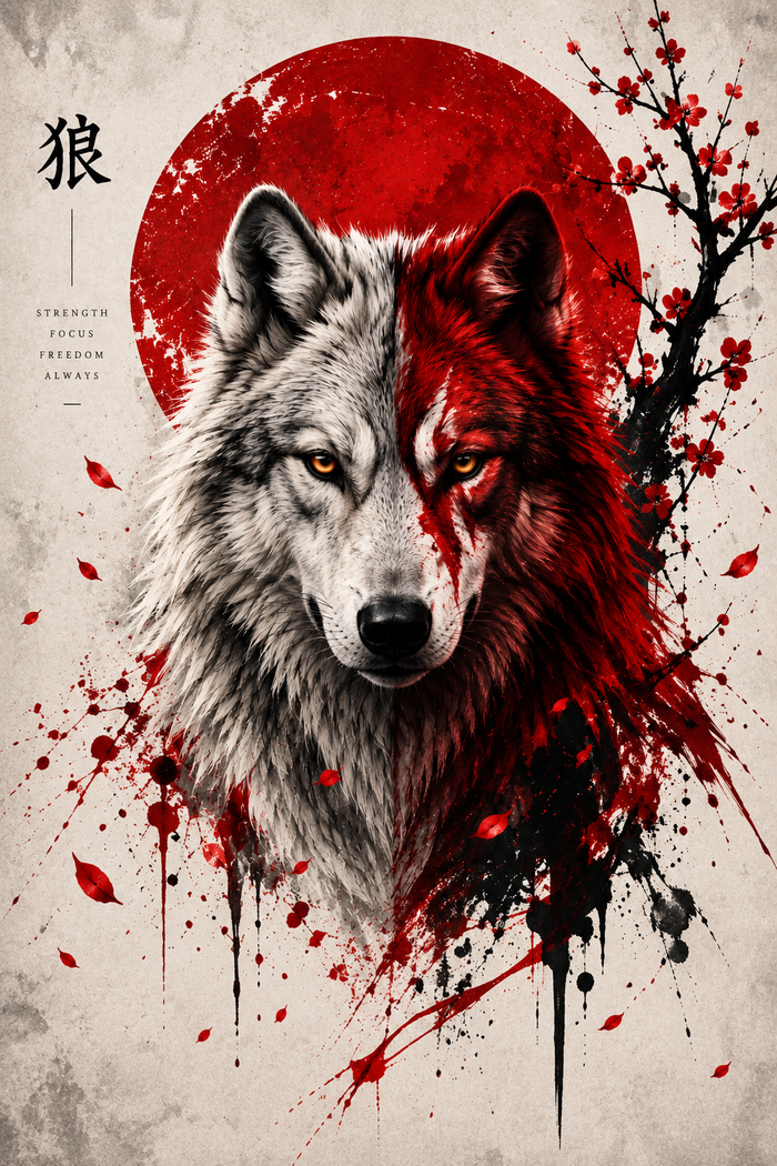 Red & White Wolf Wall Art Poster | Fierce Wolf Print | Modern Animal Wall Decor