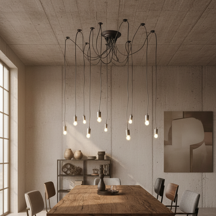 A modern multi-light pendant chandelier with ten hanging Edison-style bulbs suspended from a black ceiling canopy by long cords, over a dining table.