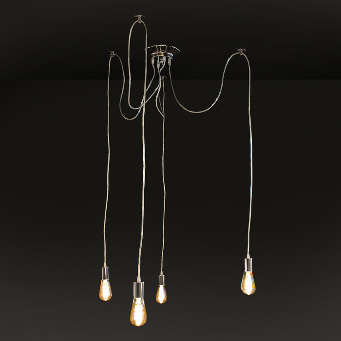 A modern multi-light pendant chandelier with four hanging Edison-style bulbs suspended from a polished metal ceiling canopy by long cords, shown against a dark studio background.