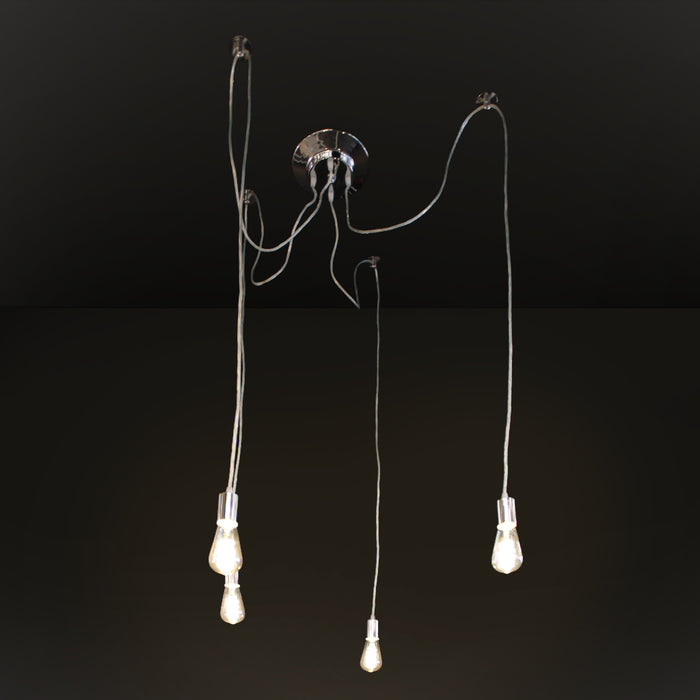 A modern multi-light fixture with a polished chrome ceiling mount, four flexible hanging cords, and four exposed screw-style light bulbs, shown against a dark black background.