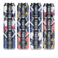 Collection of Stewart Brewing cans with various designs and text on a white background