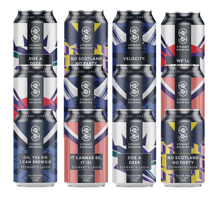 Collection of Stewart Brewing cans with various designs and text on a white background