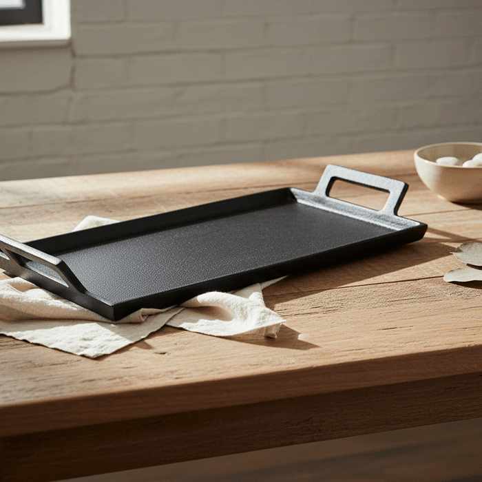 Black serving tray on a wooden table with a neutral background