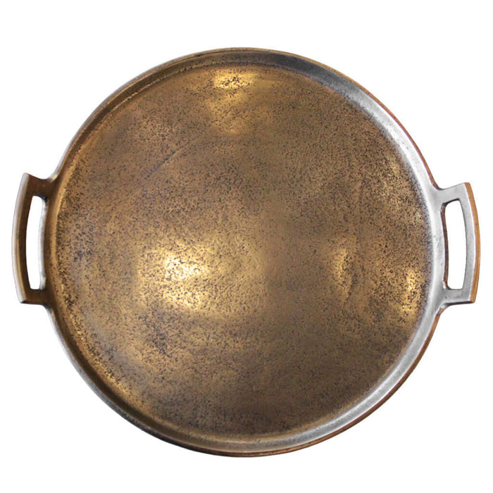 Bronze-colored round tray with handles on a white background
