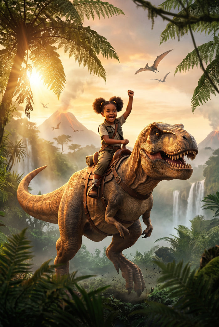 Personalized dinosaur rider artwork shown on canvas