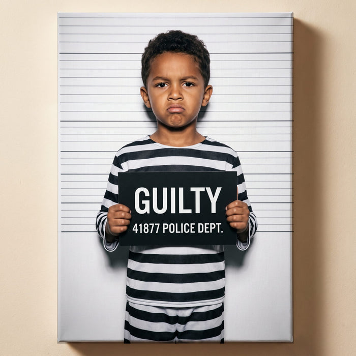 Personalized mugshot joke artwork shown on canvas
