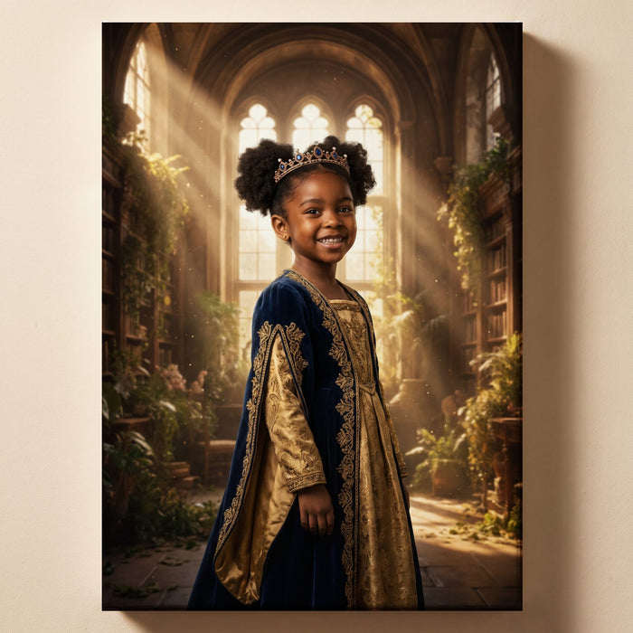 Personalized royal portrait artwork shown on canvas