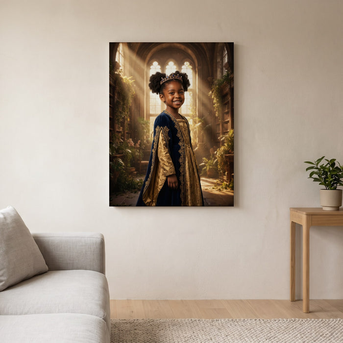 Personalized royal portrait artwork shown on canvas