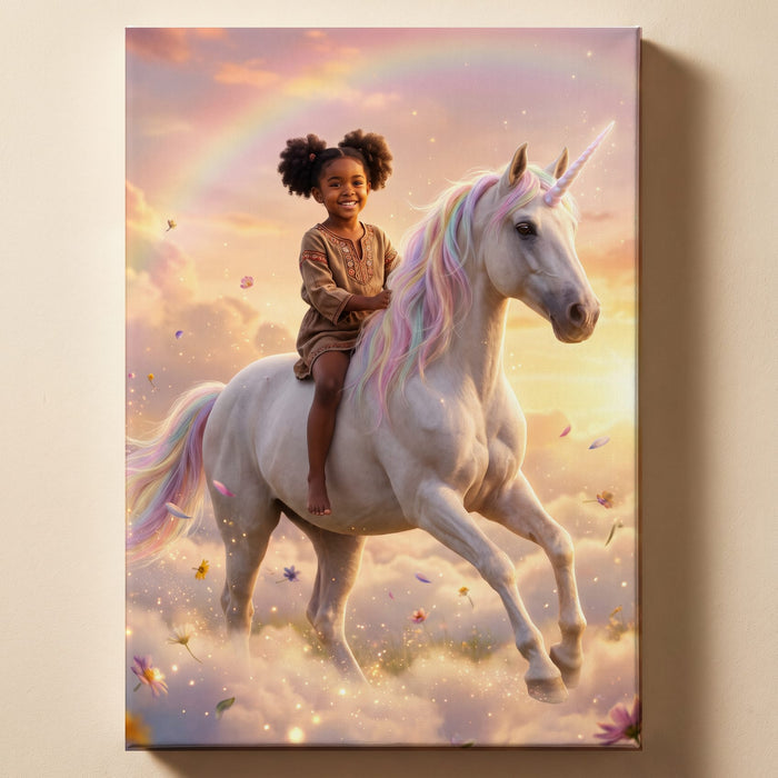 Personalized unicorn rider artwork shown on canvas