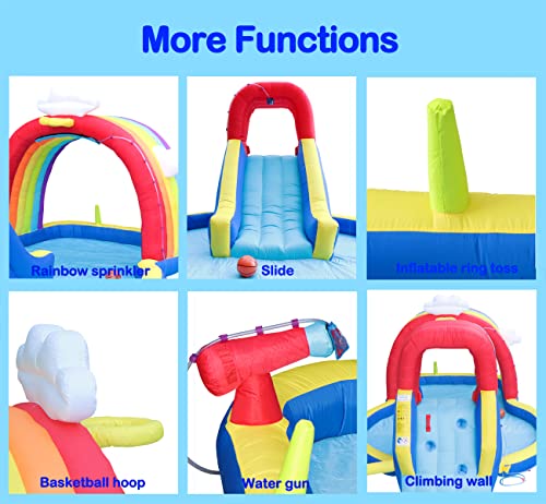 Wellfuntime Inflatable Water Park With Blower Rainbow Sprinkler Rock Climbing