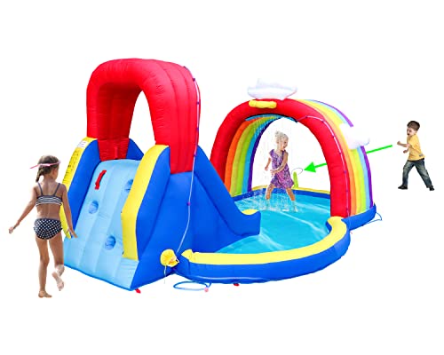 Wellfuntime Inflatable Water Park With Blower Rainbow Sprinkler Rock Climbing