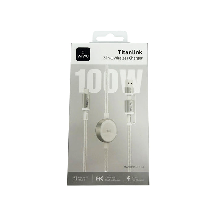 WiWU USB Cable - Titanlink 2-in-1 Watch Charger + Nylon Braided Cable 100W 120cm Wi-C104
