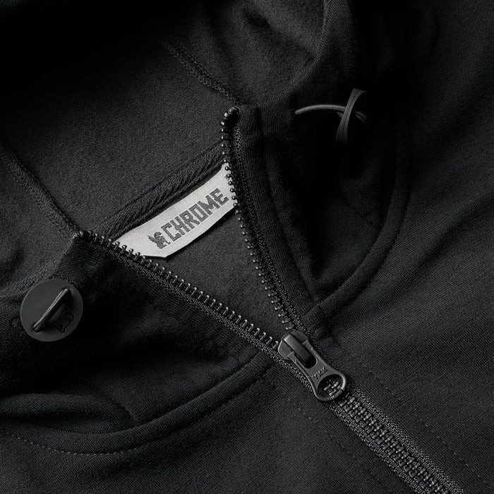 Women's Merino blend performance hoodie in black zipper detail