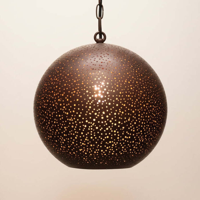 Bronze-colored pendant light with a textured surface on a gray background